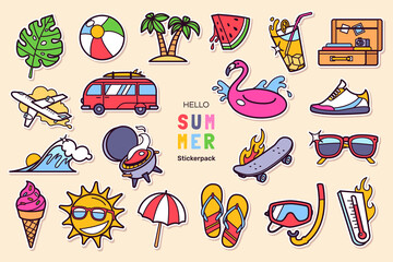 Colorful Summer stickers set in cartoon style. Summer holidays design elements - accessories, tropical plants, beach items, travel and sports objects, etc. Vector illustration