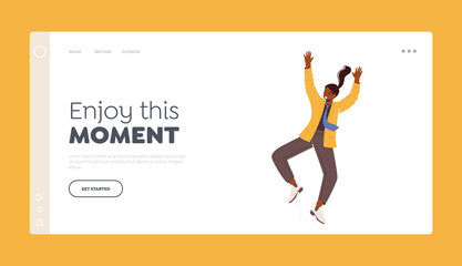 Wall Mural - Enjoy Moment Landing Page Template. Happy Female Character Waving Hands, Rejoice and Jump. Office Woman Celebrate