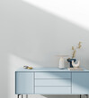 White interior with blue dresser and decor. 3d render illustration background mock up.