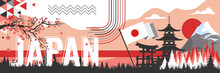 Japan Flag Banner With Red White Winter Landscape Theme In Background. National Foundation Day Design With Famous Japanese Landmarks Like Mount Fuji, Itsukushima Shrine. Vector Illustration.