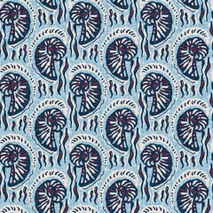 Indigo Blue Seashell nautical seamless pattern. Modern marine shell print in classic nantucket fabric textile hand drawn block print style. Summer 2 tone high contrast jpg tile swatch