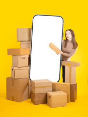 Poster - Phone mock up. Big phone among boxes. Application recommendation for business. Business woman with cardboard boxes. Copy Space on white screen. Smartphone for advertising. Phone mock up on yellow