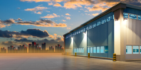 Poster - Industrial architecture. Industrial building in front of city skylines. Warehouse building with spacious concrete platform. Visualization Industrial architecture. Factories with blue sky. 3d image.