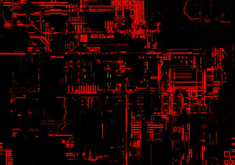Poster - Black and red bright background. Abstract background without focus. Technical background. The printed circuit board is illuminated in red. New technologies, equipment. Desktop wallpapers. 3d image