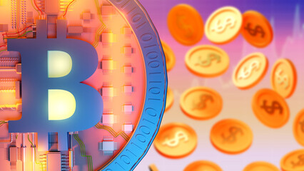 Poster - Currencies and cryptocurrencies. Money, business, investments, trading on the stock exchange. Bitcoins and dollars. Choosing an investment object. Investment strategies. Investment business. 3d image