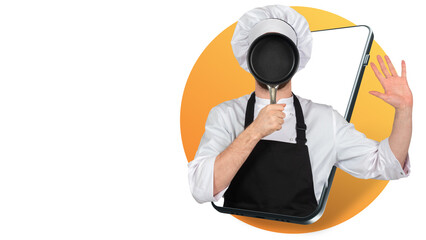 Poster - A male chef covers his face with a frying pan. The chef is joking on the smartphone screen. Culinary humor. Cooking online. Cooking according to the online course. A mobile app for teaching cooking.