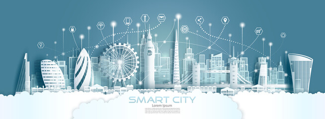 Wall Mural - Technology wireless network communication smart city with architecture in England.