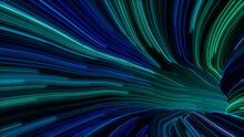 Abstract Neon Lights Tunnel With Blue, Purple And Green Streaks. 3D Render.