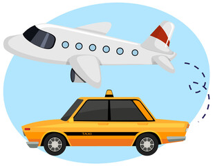 Wall Mural - Airplane with taxi car in cartoon style