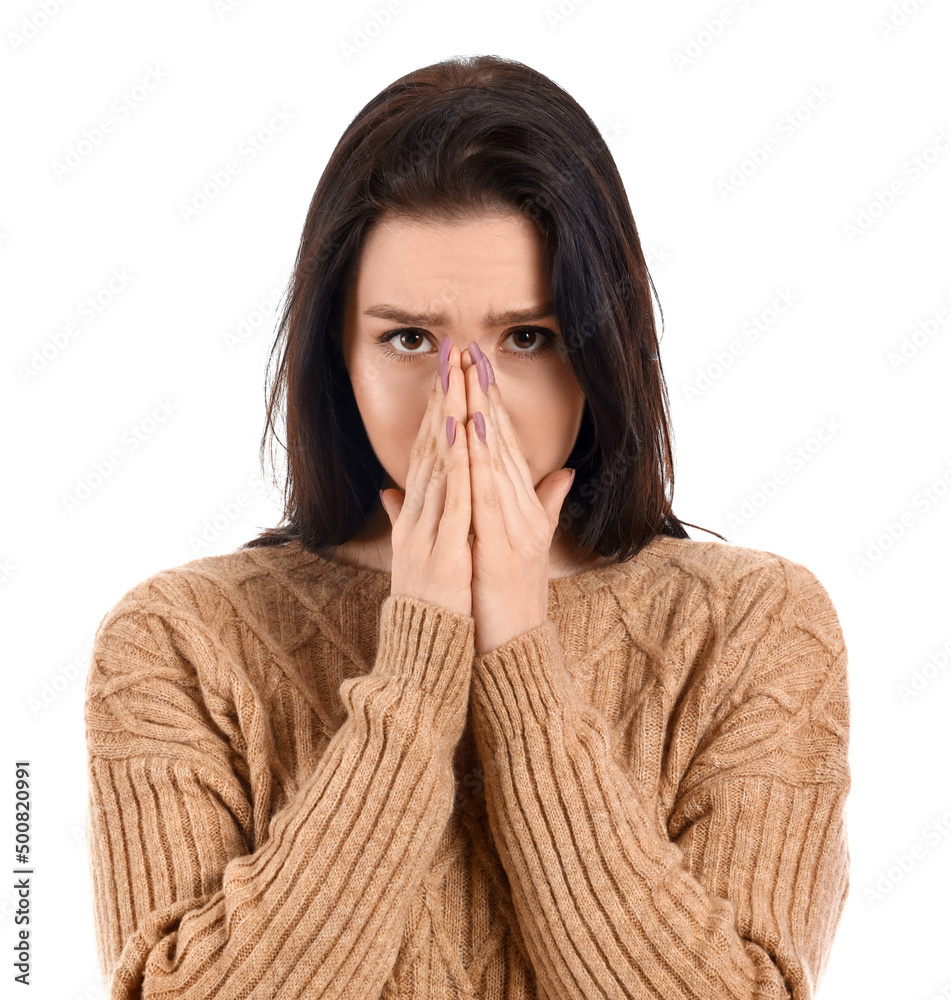 Worried young woman isolated on white