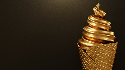 3d rendering Ice cream cone gold color Images, Food Drink Object Concept Design Realistic illustretion on black background rough, for ad inspiration creative banner webside or print.