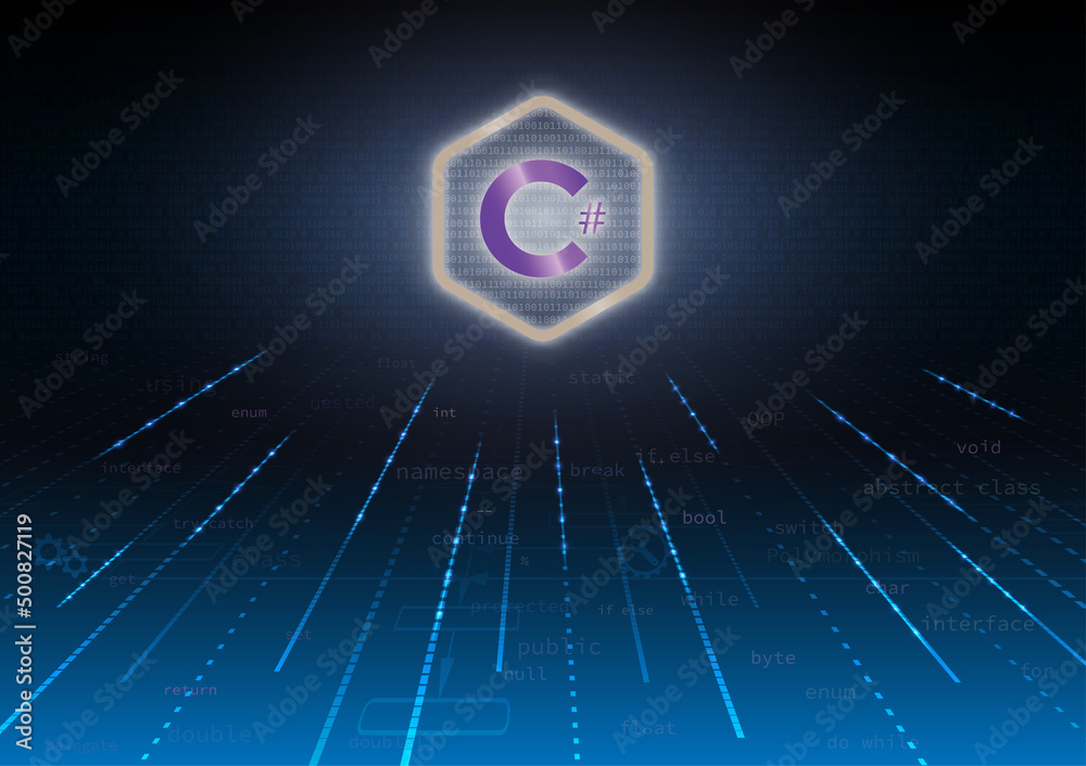 C Sharp sign and program code on purple background. c# programming ...