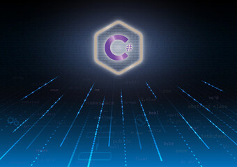 Leinwandbilder - C Sharp sign and program code on purple background. c# programming concept. Coding language, Software development. Learning C Sharp, training, computer courses, Web banner.