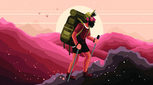 Man Hiking In Mountain Vector Illustration