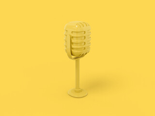 Poster - Yellow single color vintage microphone on a yellow monochrome background. Minimalistic design object. 3d rendering icon ui ux interface element.