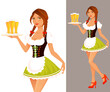 beautiful waitress in traditional German Oktoberfest costume, serving beer