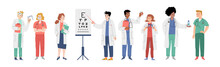 Ophthalmologists And Nurses, Medical Staff Of Ophthalmology Clinic. Vector Flat Illustration Of Optometry Medicine With Men And Women Professional Optometrists With Eye Test Chart, Glasses And Drops