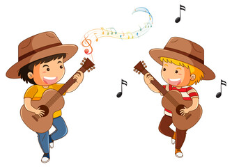 Wall Mural - Two boys playing guitars in cartoon style