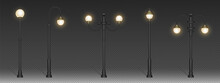 Street Lamps, Vintage Lanterns On Black Post. Vector Realistic Set Of Old Electric Street Lights, Retro Iron Lamposts With Sphere Shade For Road Sidewalk, City And Public Park