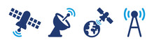 Wireless Satellite Technology Icon Set. Containing Satellite Dish, Space Orbital And Telecommunication. Vector Illustration