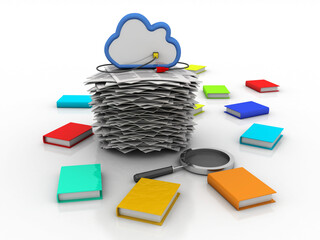 Poster - 3d rendering Stack of books with magnifier near aux cable connected cloud