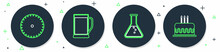 Set Line Glass Of Beer, Test Tube And Flask, Circular Saw Blade And Cake With Burning Candles Icon. Vector