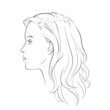 Woman face. Young beautiful girl with curly long wavy hair curls. Volume, haircut, hairdressing, hairstyle. Care and beauty. Vector Black and white line sketch illustration portrait.