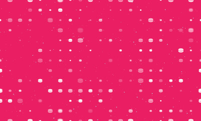 Poster - Seamless background pattern of evenly spaced white hockey pucks of different sizes and opacity. Vector illustration on pink background with stars