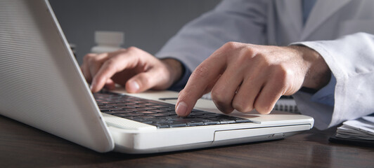 Wall Mural - Doctor using white laptop computer.