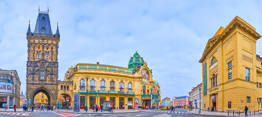 Canvas Print - Republic Square panorama with Municipal House, Hybernia Theatre and Powder Tower, Prague, Czech Republic