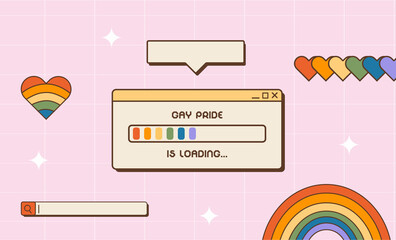 Poster - Vaporwave retro social media post for LGBTQ Pride Month. 80s 90s Y2K aesthetic square banner. Queer greeting card template with old computer video player window, rainbow heart and button. Vector.