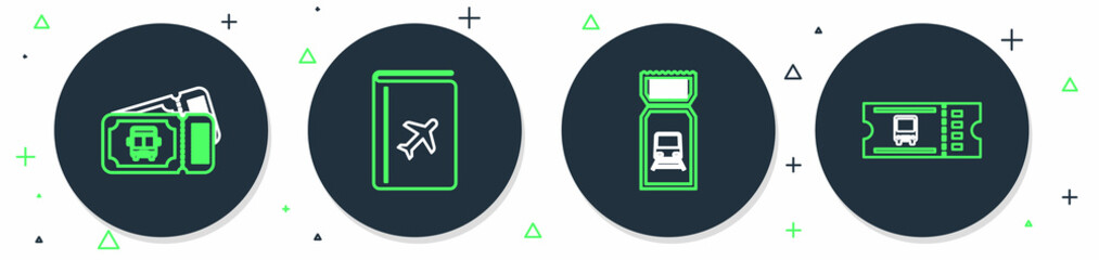 Poster - Set line Cover book travel guide, Train ticket, Bus and icon. Vector