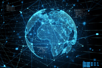 Fototapete - Big data, telecommunication and technological background concept with digital world map layout with lots of intersecting lines and coding fragments. 3D rendering