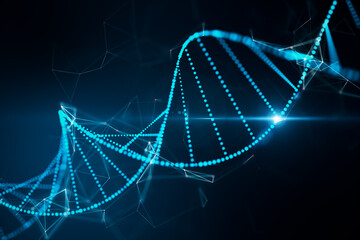 Aufkleber - Abstract glowing DNA hologram on dark blue background. Science, medicine and biotechnology concept. 3D Rendering.