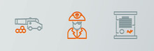 Set Line Decree, Parchment, Scroll, Cannon With Cannonballs And Pirate Captain Icon. Vector