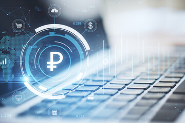 Leinwandbilder - Close up of laptop computer with creative glowing round ruble chart hologram on blurry background. Currency, finance and online banking concept. Double exposure.