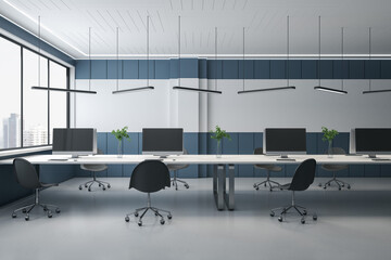 Aufkleber - Modern concrete coworking office interior with panoramic city view, empty mockup computer monitors on desks and chairs. 3D Rendering.