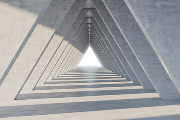 Poster - Sunny empty modern architecture design of triangle form tunnel background with shadows inside and bright light exit at the end. 3D rendering