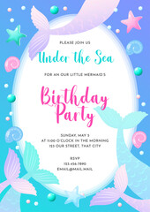 Wall Mural - Birthday party invitation template. Cute illustration of mermaid tails, sea shells and star fish. Vector 10 EPS.