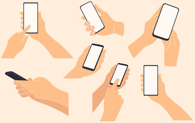 set of hands with phone flat design, on white background,isolated,vector