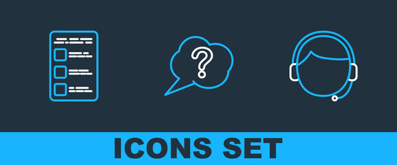 Poster - Set line Man with a headset, Create account screen on mobile and Speech bubble Question icon. Vector