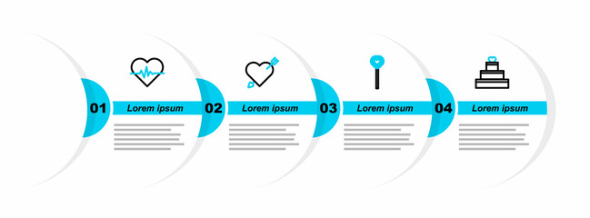 Sticker - Set line Wedding cake with heart, Lollipop, Amour and arrow and Heart rate icon. Vector