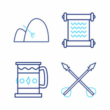 Set Line Medieval Crossed Arrows, Wooden Mug, Decree, Parchment, Scroll And Bale Of Hay And Rake Icon. Vector