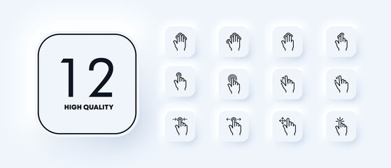 Poster - Gesture icons set. approach and distance. Move, hold gestures. Hold with all fingers. Pressing force. Neomorphism style.