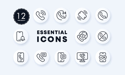 Poster - Communication icons set. Help 24 on 7. Technical support. Telephone communication. Reminder. Call. Neomorphism style.
