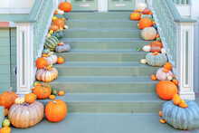 Pumpkins On Every Steps Of The Stairs As A Holloween Decorations At San Francisco, California