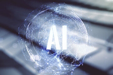 Aufkleber - Creative artificial Intelligence symbol hologram on abstract metal background. Double exposure