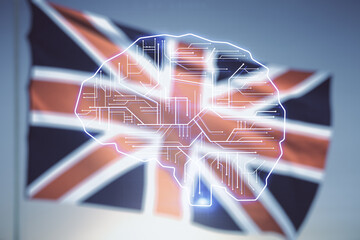 Poster - Double exposure of creative artificial Intelligence interface on British flag and blue sky background. Neural networks and machine learning concept