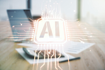 Poster - Abstract virtual artificial Intelligence symbol hologram on calculator and laptop background. Multiexposure