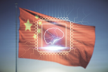 Poster - Virtual creative artificial Intelligence hologram with human brain sketch on Chinese flag and sunset sky background. Double exposure